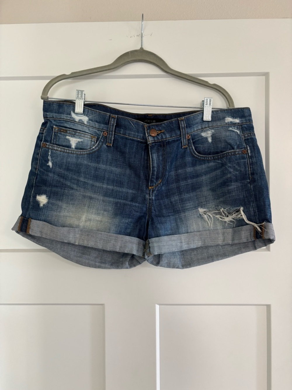 Joe’s Jeans Classic Distressed Dark Blue Denim Roll-Cuff Shorts